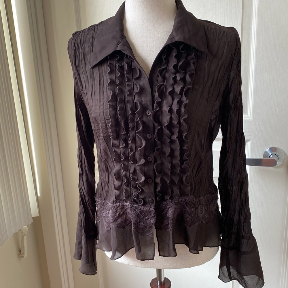 Sunny Leigh Petite Sheer Ruffle Blouse